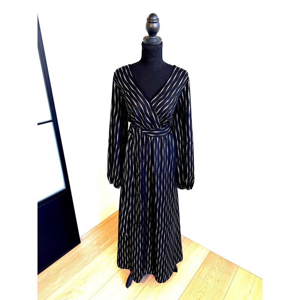 Shein Stunning Flowy Black and Silver Faux Wrap Maxi Dress Size XL